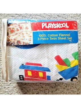 Vtg Playskool Twin Sheet Set Trains NOS Cotton Flannel Colorful Kids Toddlers